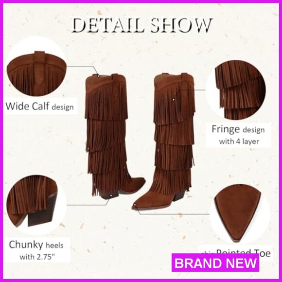 Western Knee High Boots Chunky Heel Fringe Cowgirl Pull On Pointed Toe - Picture 5 of 7